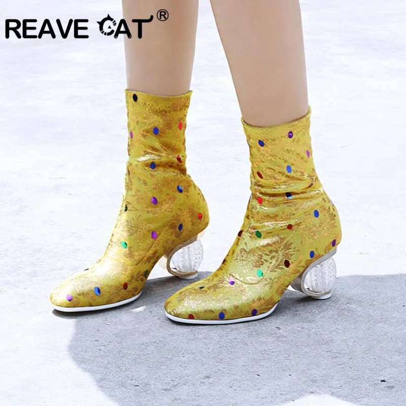 

REAVE CAT Designed Sock Boots Women Mid-Calf Boots Spring Autumn clear round High Heels Party short booties lady Shoes Size 44