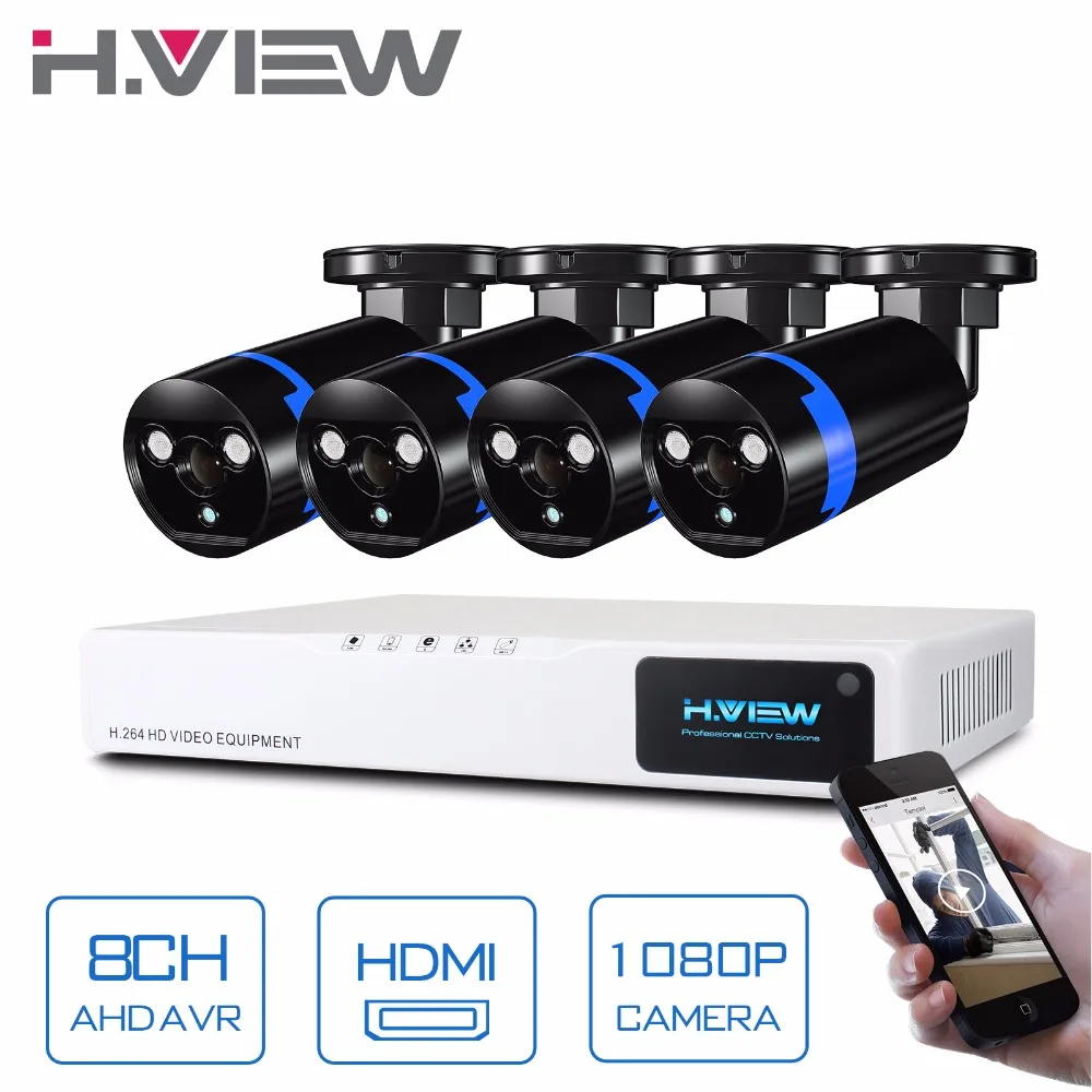 H.View Security Camera System 8ch CCTV System 4 x 1080P CCTV Camera 2.0MP Camera Surveillance System Kit Camaras Seguridad Home