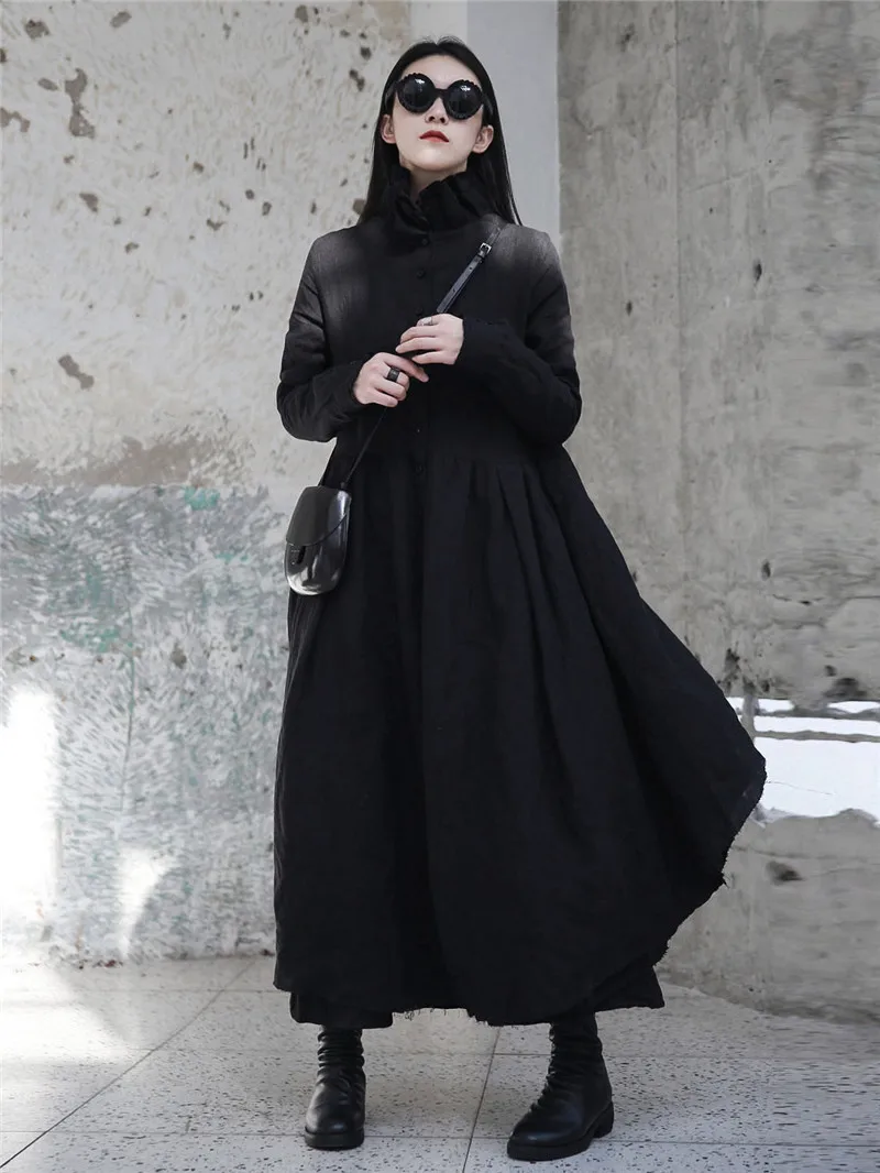 Cakucool Новое Женское платье со стоячим воротником осеннее льняное Готический шар платье Vestido X длинное японское Дизайнерское черное платье с длинным рукавом