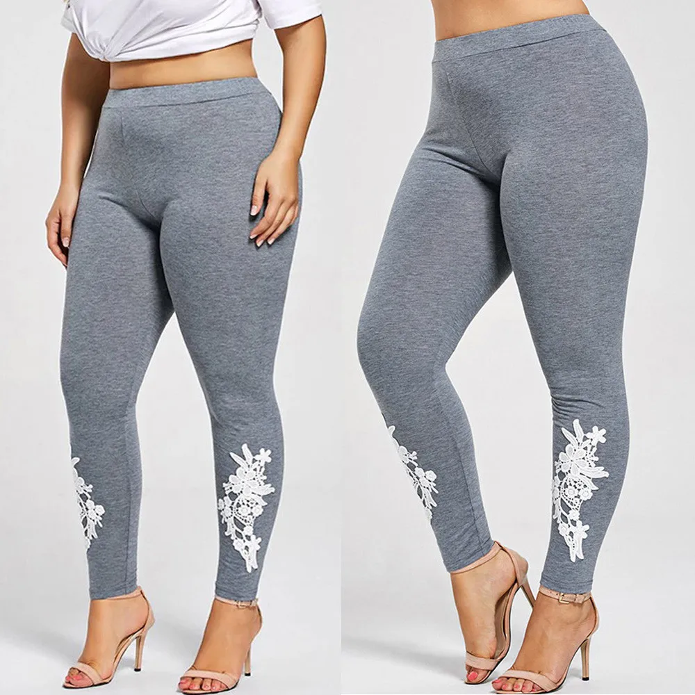 Women Fitness Plus Size Yoga Pants Lace Applique Elastic Leggings