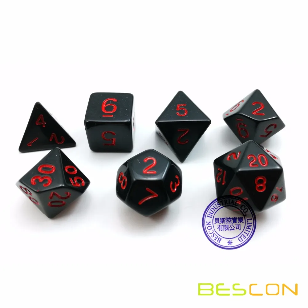 Bescon Polyhedral Dice Set Opaque Black with Red Numbers, Black RPG Dice Set of 7 d4 d6 d8 d10 d12 d20 d% Brick Box Pack 4