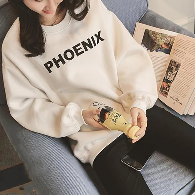 

SVOKOR Letter Hoodie Women Polyester Round Neck Plus Velvet Sweatshirt Simple Long Sleeve Pullover Sweatershirts Female Casual
