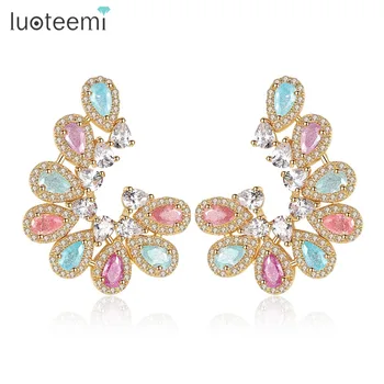 

LUOTEEMI Luxury Ear Accessories Multi Ice Zirconia Formed Brilliant Flower U Shape Stud Earrings for Women Wedding Birthday Gift