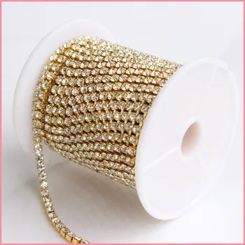 

ss18 gold with crystal stones china AAAA quality super shiny for wedding dress decoraiton ,free shipping cup chain rolls