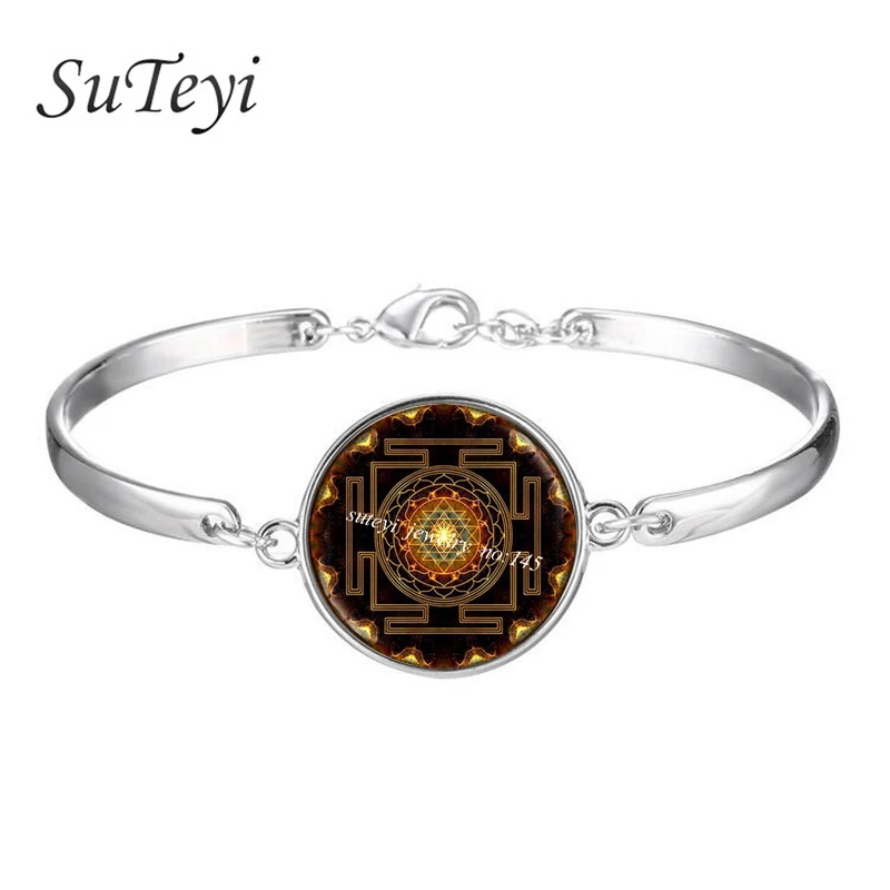 

SUTEYI Sacred geometry jewelry India Mandala bangles Yoga bracelet Sri yantra Spiritual silver bracelet Buddhist women jewelry