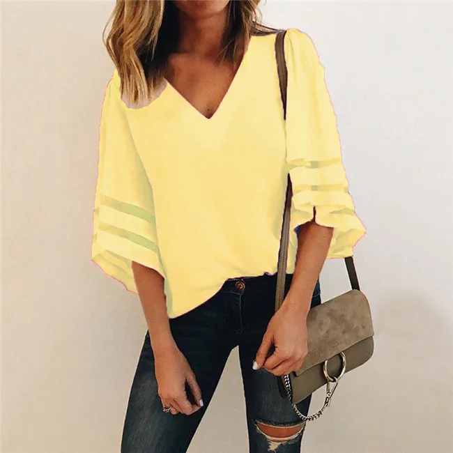 blouses & shirts Mesh Stitching Women Chiffon Blouse Shirt Sexy V Neck Casual Loose 3/4 Flare Sleeve Solid Summer Blusas Shirt Summer Female Tops long sleeve blouse Blouses & Shirts