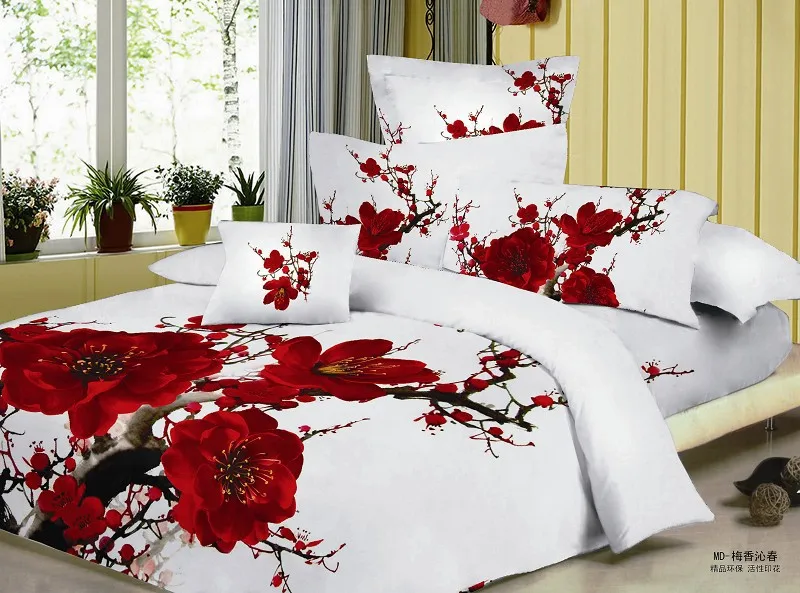 Big Red Flower White Cotton 5pcs 3d 3kg comforters bedding sets
