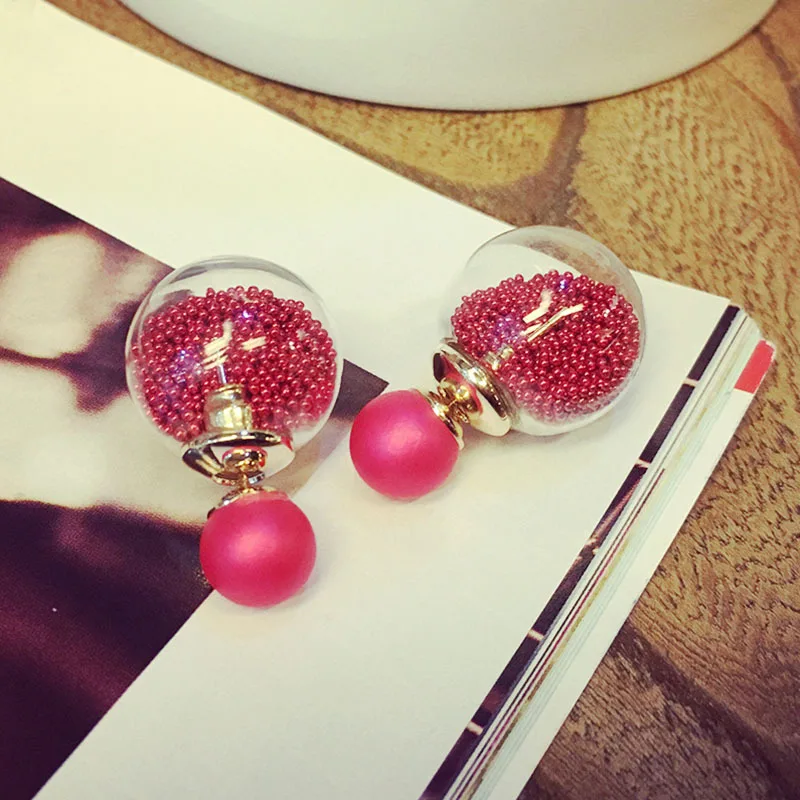 

Fashion 1 Pair Women Lady Charming Golden Romantic 7 Colors Thick Glass Beads Double Ball Stud Earrings