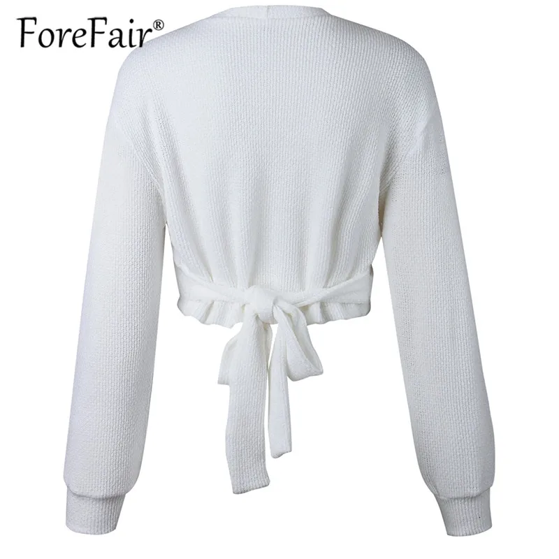 Forefair, зимний белый вязаный свитер и пуловеры, короткий топ для женщин, длинный рукав, v-образный вырез, галстук-бабочка, бандажный свитер