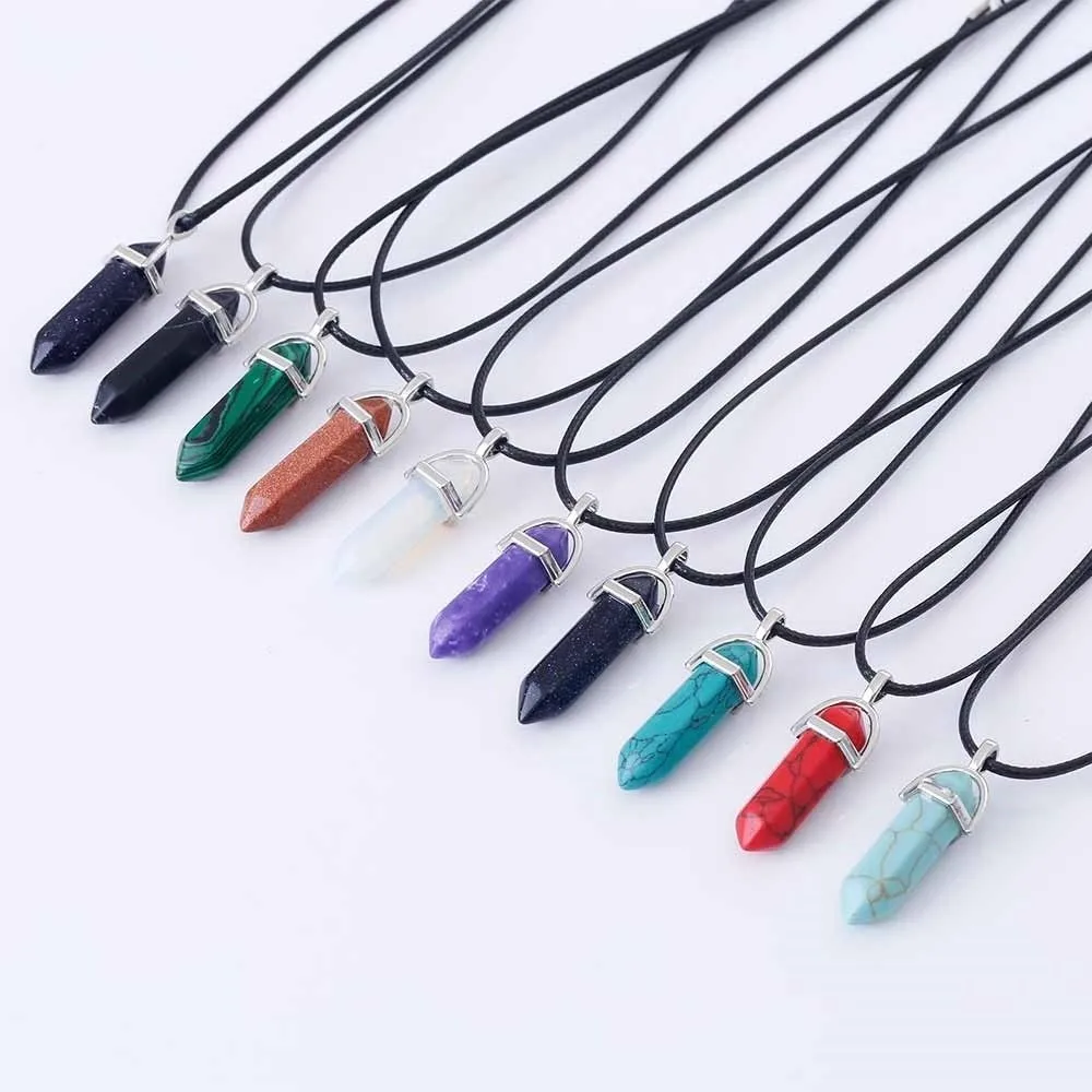 

KISS WIFE Hexagonal Column Natural Crystal turquoises Tiger Eye pendent Necklace For Women PU Leather Chain Stone Choker Necklac