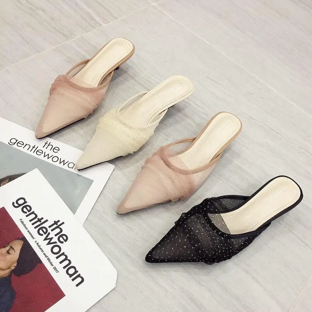 

Mules Womens Shoes Cover Toe Transparent Slippers Glitter Slides Loafers Thin Heels Med Jelly Summer Pointed Sliders 2019 Basic
