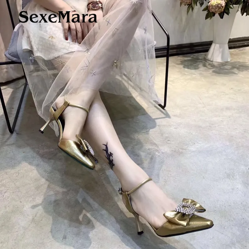 

women summer 7cm high heels Genuine Leather Pumps Sandals Point Toes Womens Party Shoes Nightclub ladies Butterfly-knot Pump