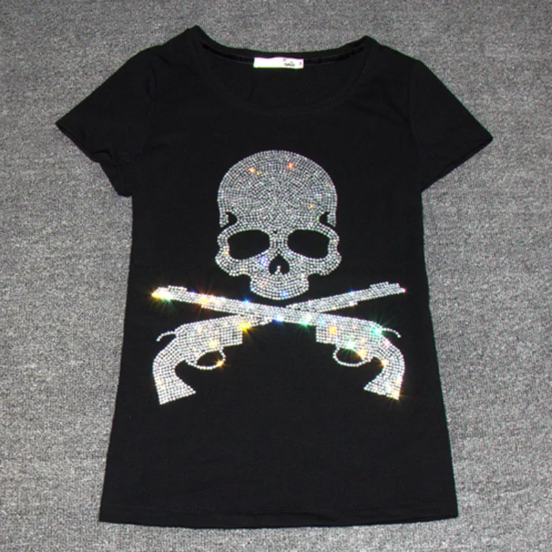 

High Quality t shirt women Blusa Soft Cotton Tees Bling Bling Diamond Skull Print t shirt harajuku Short Sleeve Women Clothes
