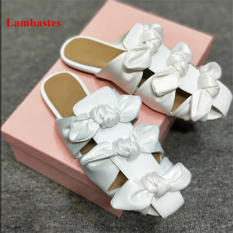 

2018 Spring Women Beach Mules White Silk Butterfly-knot Designer Outdoor Women Slippers Cover Toe Cuts Out Casual Shoes Women