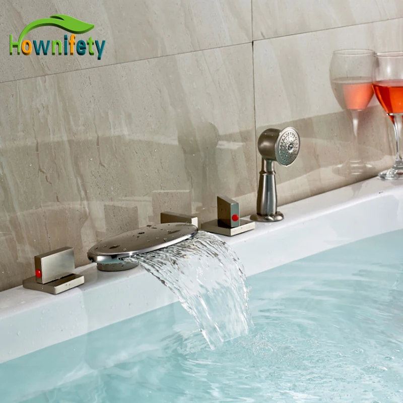

Modern Brushed Nickel Bathtub Faucet Three Handles Deck Mount Bathroom Tub Mixer Tap
