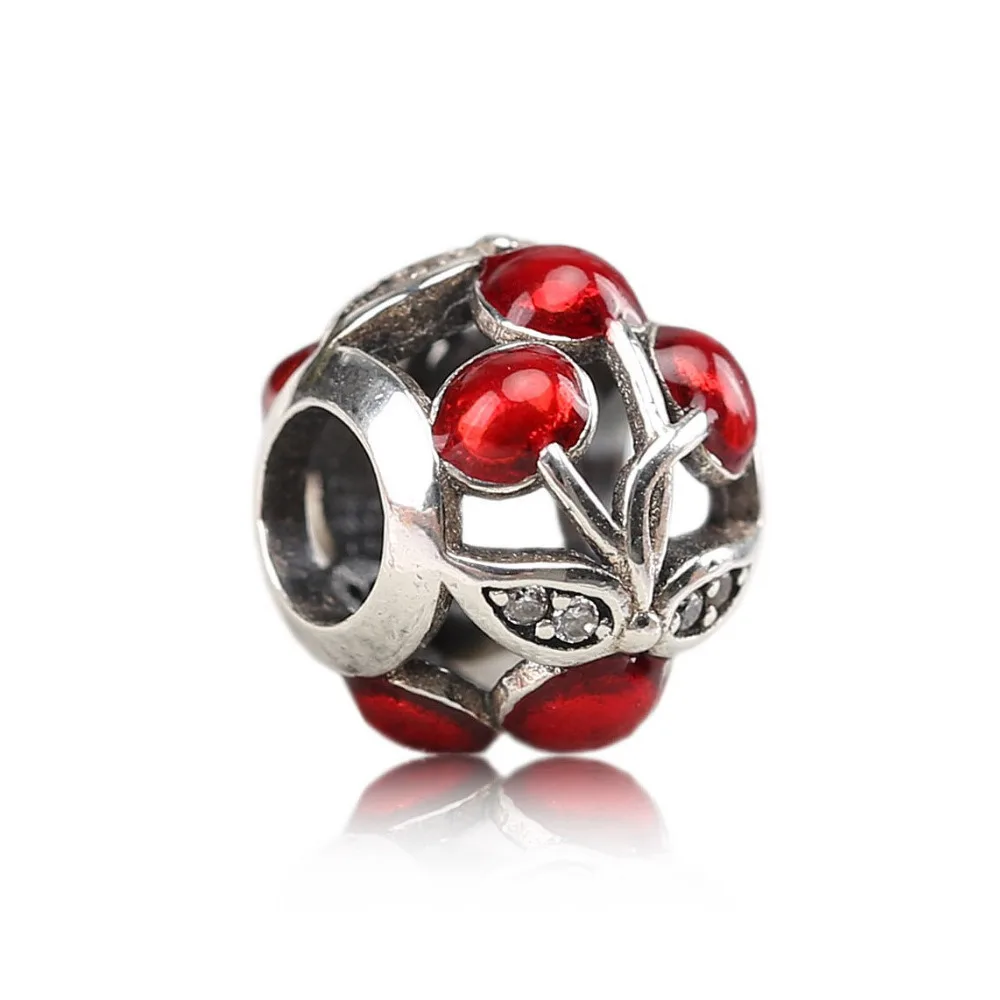 

Original 925 Sterling Silver Sweet Cherries, Glossy Red Enamel & Clear CZ Charms Fit Bracelet Bangle Jewelry