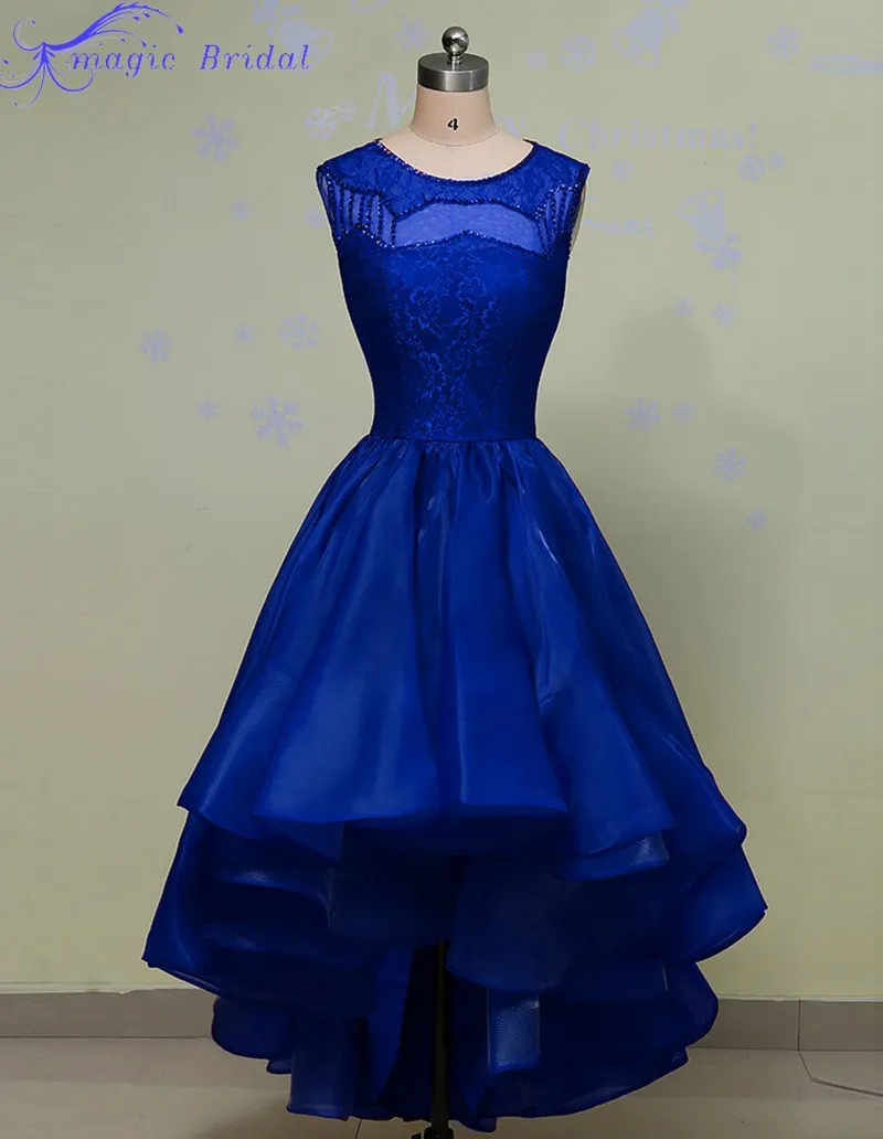 Long Royal Blue Lace Evening Dress Short Front Long Back