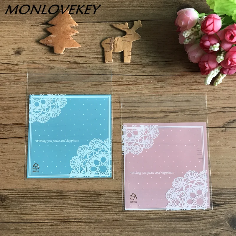 

10*10cm 50 pcs/lot plastic tiffany blue candy bag pink lace biscuit / cookie cupcake packaging bags
