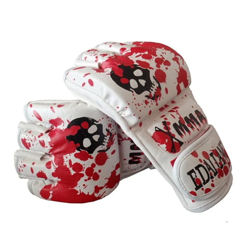 

Red Blood Skulls Half Fingers Muay Thai Boxing MMA Gloves Sparring Martial Arts Wushu Grappling Bag Punch Mitts Gear DEO