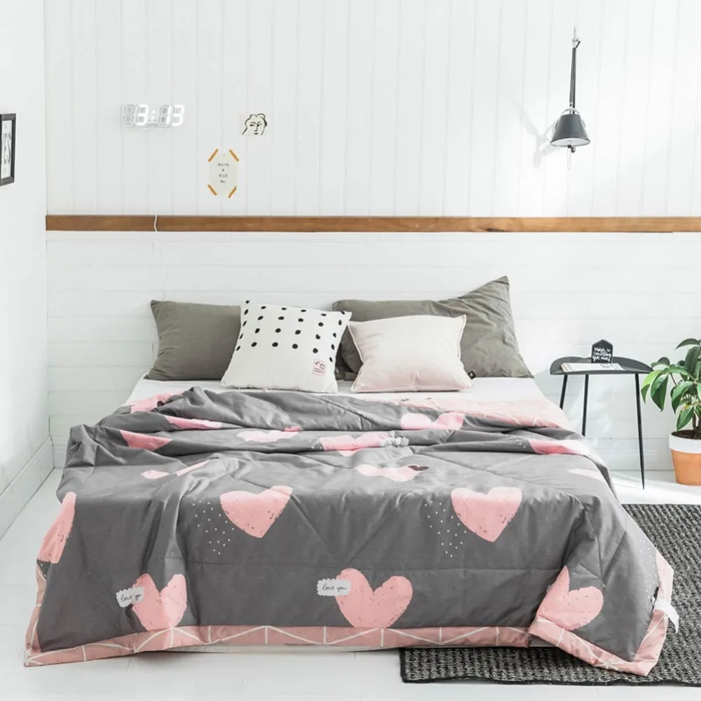

2019 INS Pink Hearts Grey Stitching Comforter Summer Quilt Cotton Fabric Quilting Blanket Twin Full Queen Size Bedspread