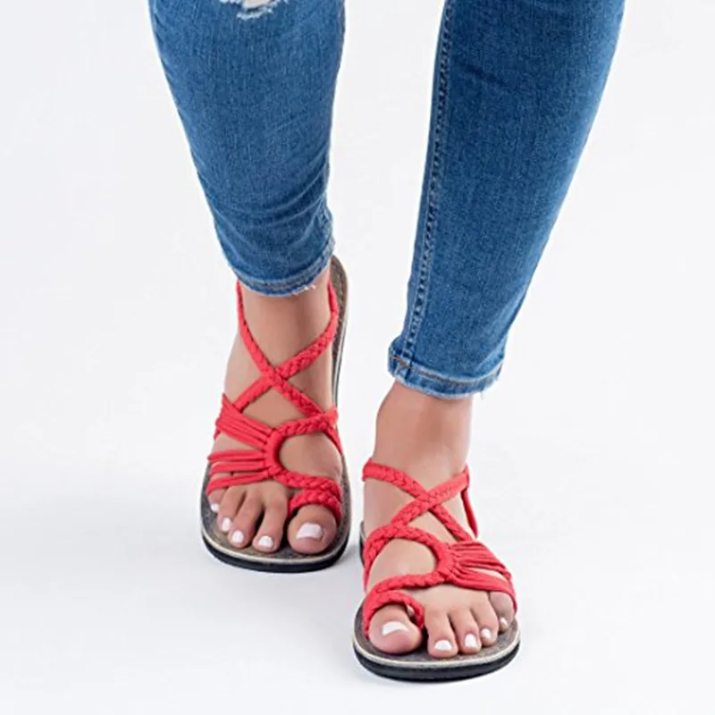 Women Flat Sandals Nylon Rope Flip Flops Women Sandals Outdoor Beach Shoes Woven Strap Chunky Sandals Plus Size Women Shoes