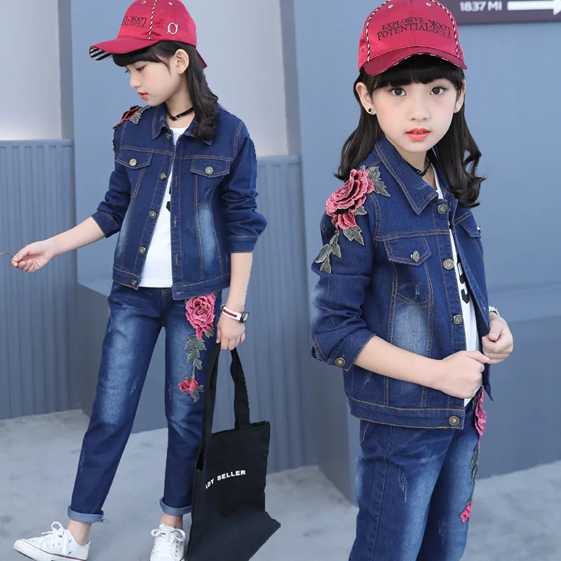 

Spring and Autumn New Children's Clothing Girl Fashion Denim Jacket Printed Rose Jeans 2 Piece Suit Kids Clothes Girls 8 To 12