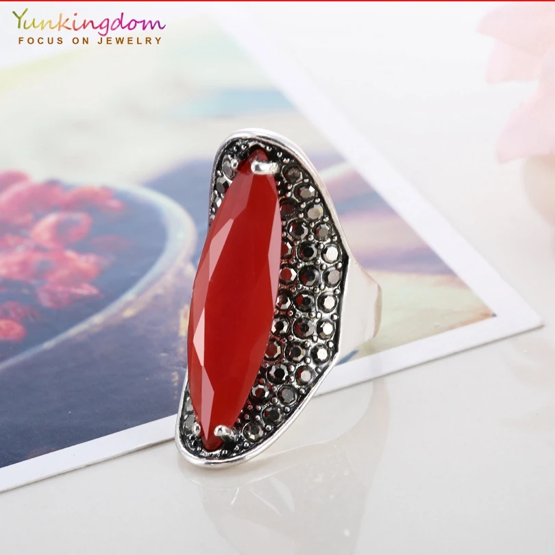 Yunkingdom Ethnic Jewelry Antique Silver Color Geometric Resin Rings for Women Girls Pretty Rings 4 Colors