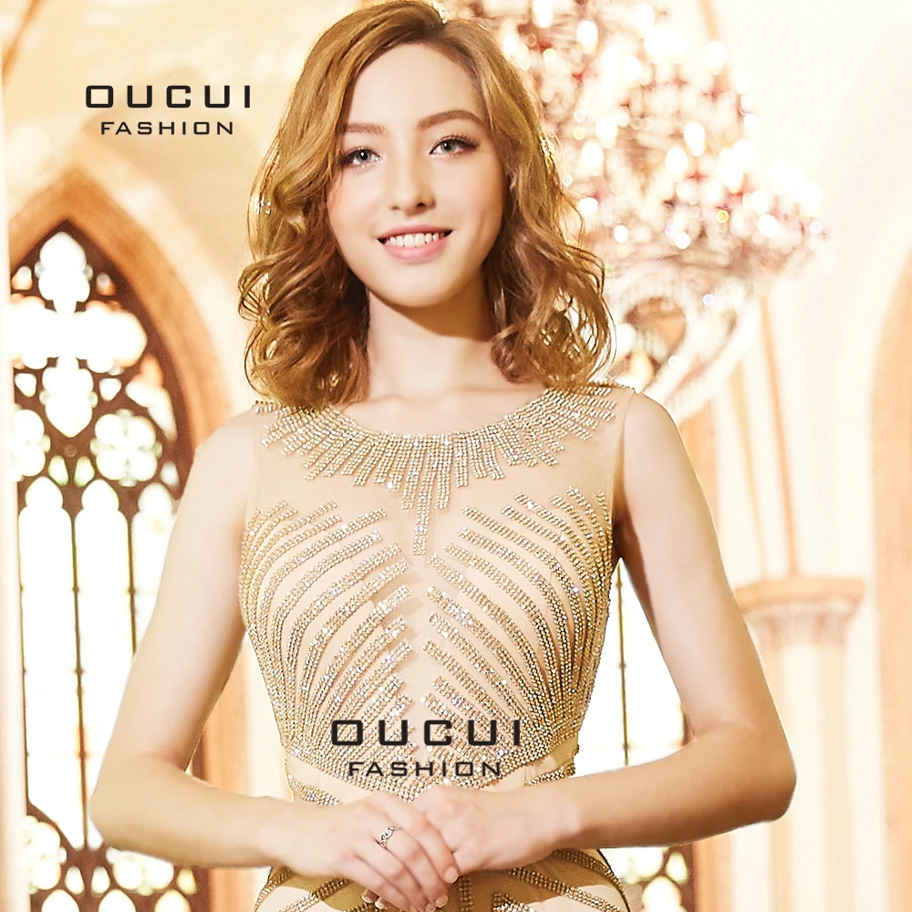 Oucui Gold Tulle Crystal vestido de festa longo Diamond Formal Evening Dress Long Mermaid Sparkly Party Dresses Prom OL103273