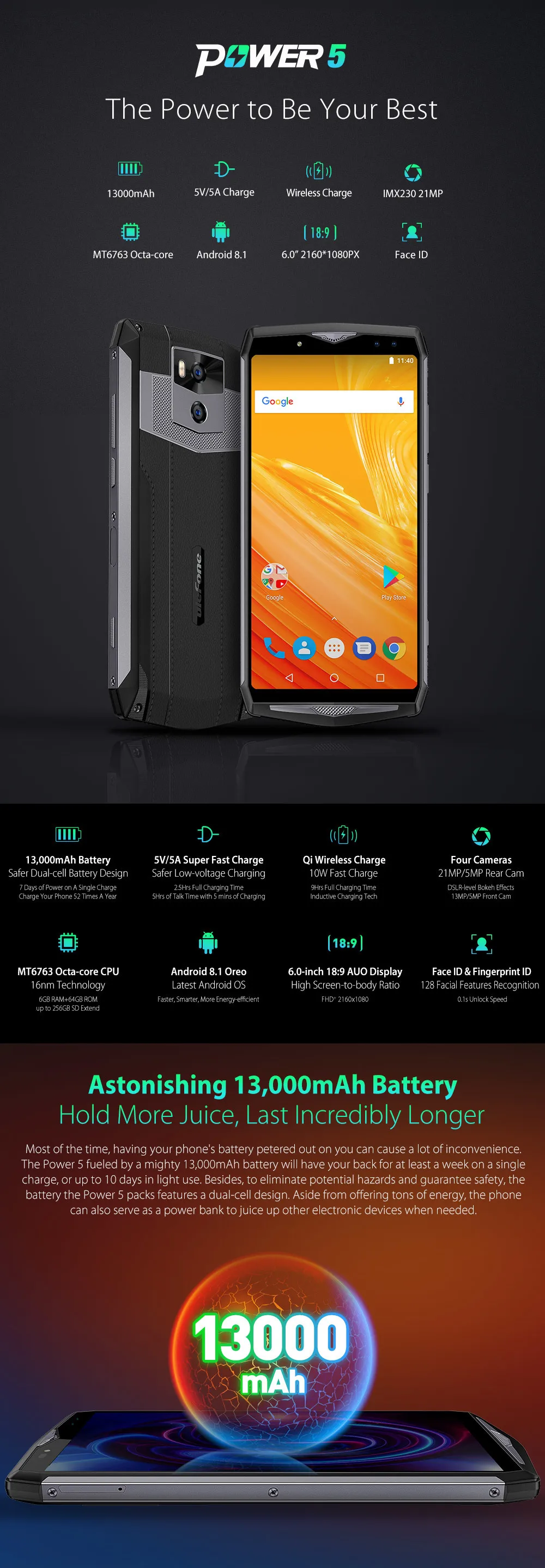 Ulefone power 5 13000 мАч 6 ГБ + 64 Гб 4G смартфон 6,0 "FHD MTK6763 Восьмиядерный 21 МП Беспроводное зарядное устройство Fingprint Face ID мобильный телефон