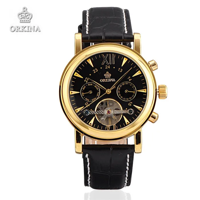 ФОТО Men Wristwatches Luxury Brand ORKINA Leather Automatic Mechanical Watches Black Gift for Men