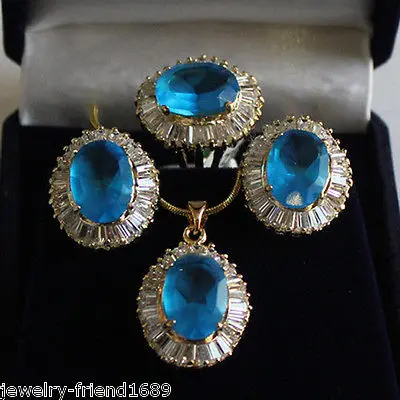 

Jewelry 18K GP Blue white crystal pendant necklace Stud earring Ring Sets >^^1>18K gold plated watch Quartz stone CZ crystal