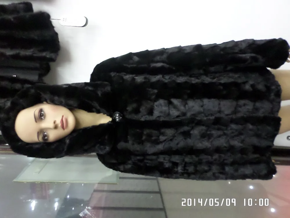 Horizontal lines and vertical stripes minks head of long black fur coat with hat