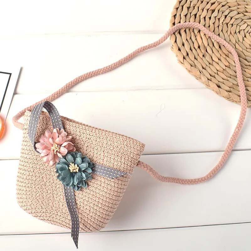 

Kids Flower Design Zipper Cross-body Handbag Fashion Girls Straw Shoulder Messenger Bag
