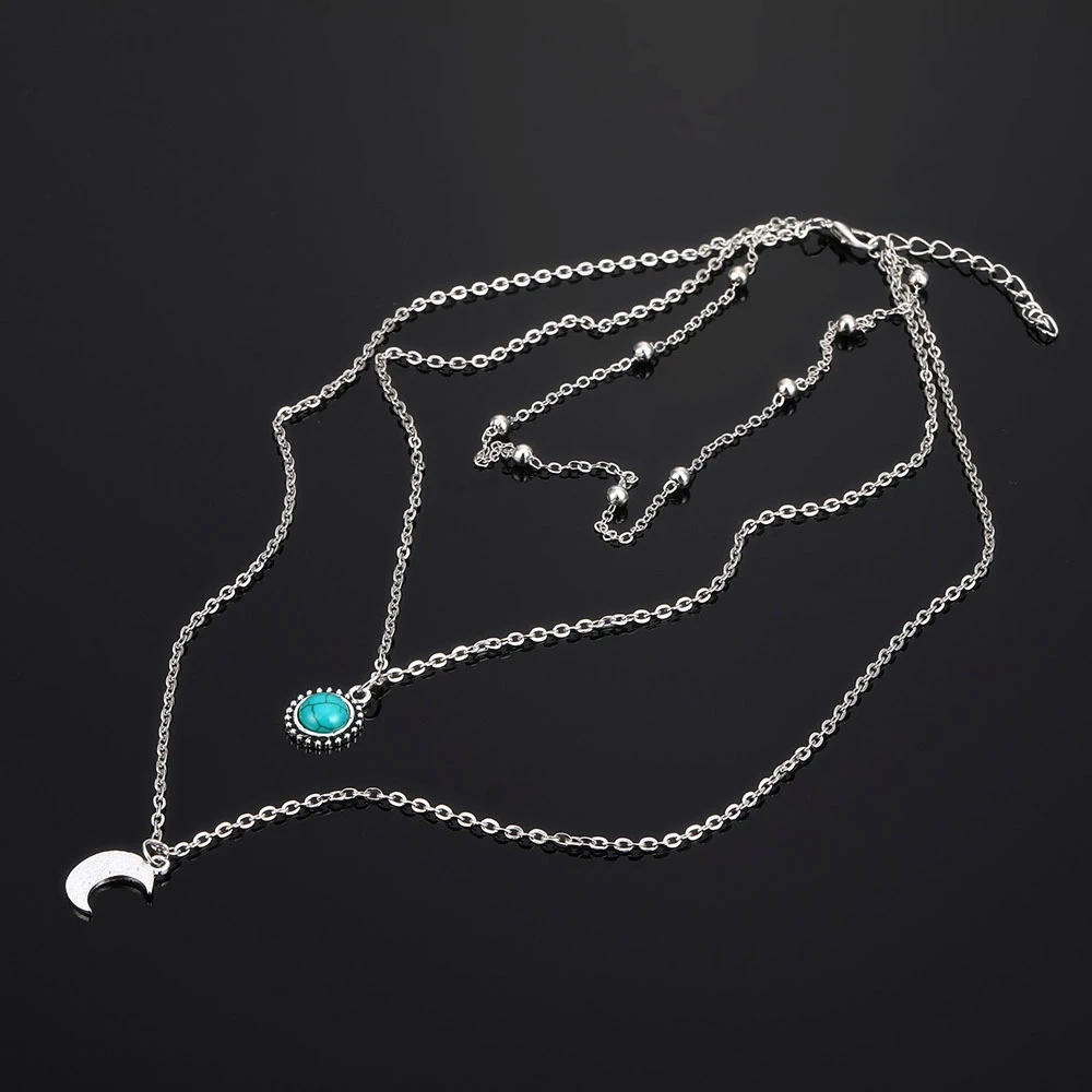 Винтажные серебряные Многослойные женские ожерелья с Луной, ожерелье с кулоном из зеленого камня в стиле бохо, модное ожерелье-чокер из бисера, украшение на воротник