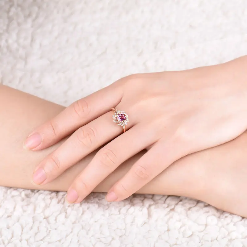Trendy Princess Cut 5x5mm Pink Tourmaline Gemstone Ring Diamond In 18K Rose Gold For Party Fine Jewelry