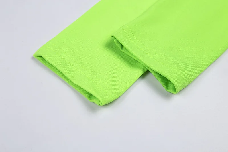 Qiuxuan, яркие, флуоресцентные, зеленые, с высоким воротом, с длинным рукавом, женские футболки, модные, с пряжкой, с полосками, из кусков, сексуальные топы, облегающая футболка