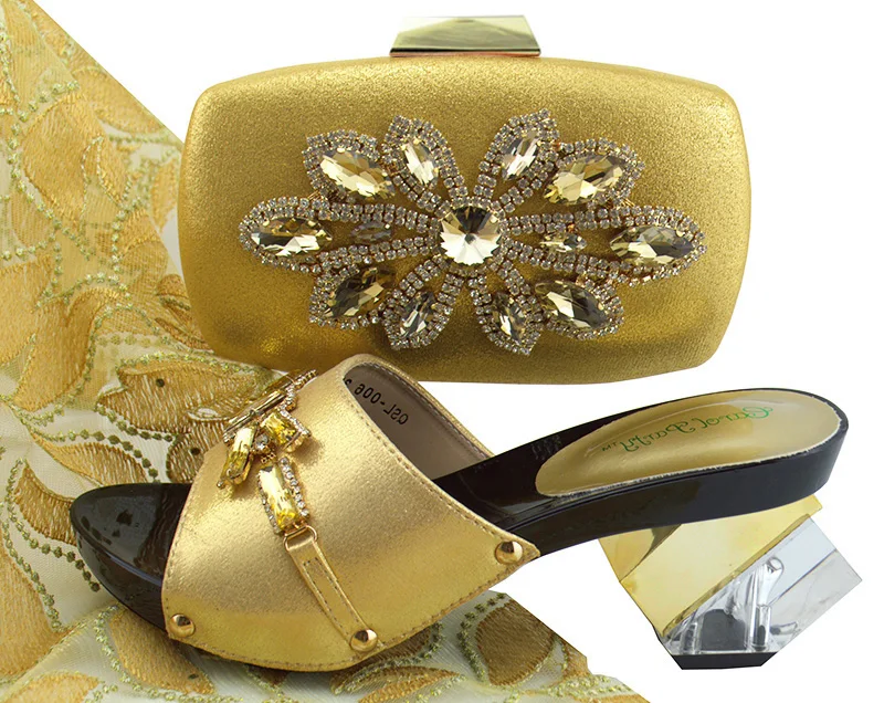 

Fashion italian shoes and bag for party with bright stones slipper shoes and clutches bag italy gold shoes and bag SB8256-7