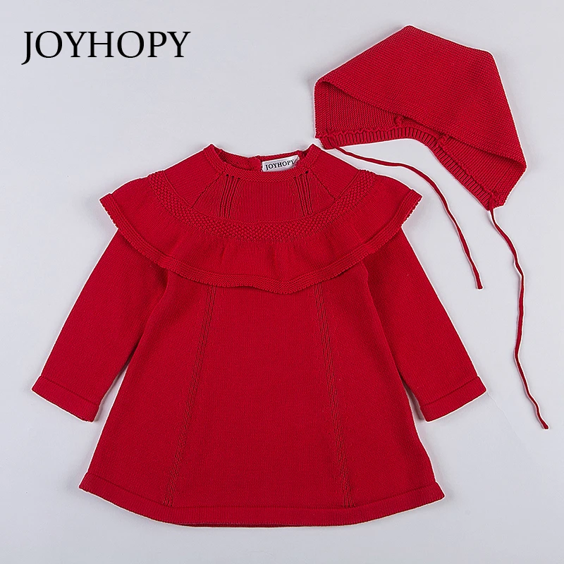 JOYHOPY/качественное трикотажное платье с длинными рукавами для девочек; коллекция года; сезон зима-осень-весна; цвет белый, красный; платье принцессы с шапочкой для маленьких девочек