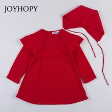 JOYHOPY/качественное трикотажное платье с длинными рукавами для девочек; коллекция года; сезон зима-осень-весна; цвет белый, красный; платье принцессы с шапочкой для маленьких девочек