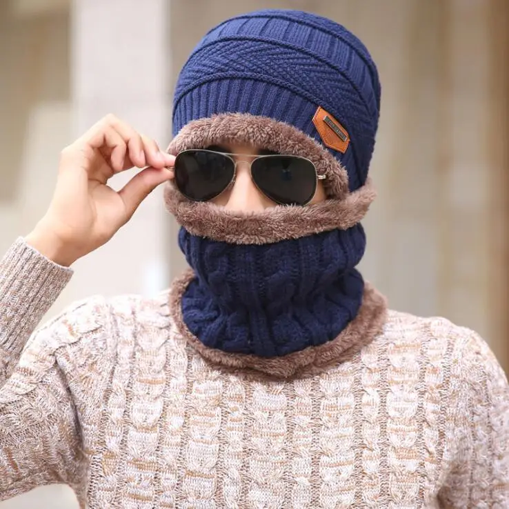 Для Мужчин's зимняя шапка мода г. Трикотажные Синий шапки Осенняя шляпа Толстый и теплый мягкий хлопок сплошной цвет средства ухода за кожей шеи защиты