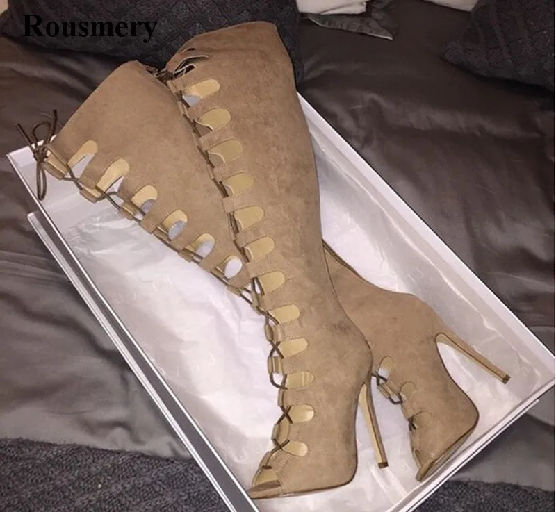 Women Fashion Open Toe Suede Leather Knee High Gladiator Boots Cut-out Lace-up Beige Long High Heel Boots Dress Shoes Women Fashion Open Toe Suede Leather Knee High Gladiator Boots Cut-out Lace-up Beige Long High Heel Boots Dress Shoes