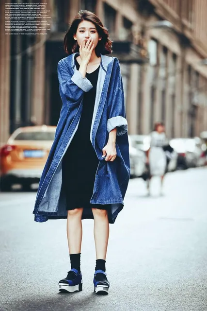 women loose super long denim Trench coat fashion hooded