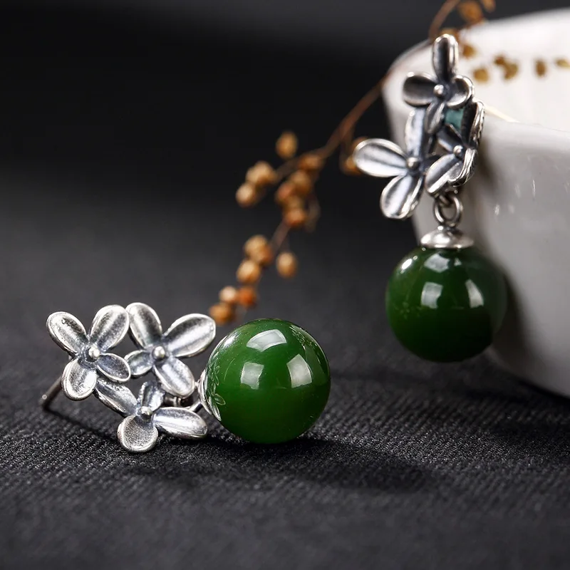 

New Fashion silver S925 pure silver retro and Tian Biyu bead bead flower lady's high-end earrings earrings wholesale