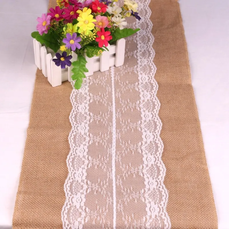  high quality 30cm*275cm Vintage White Christmas Lace Jute Table Runner Hessian Burlap Party Supplie