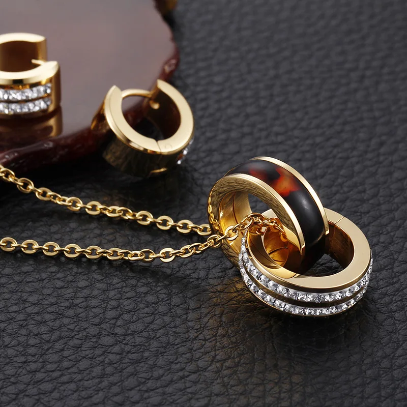 Лидер продаж Корейская версия двойной круг из нержавеющей стали ювелирные наборы из кубического циркония кулон ожерелье с серьгами женские ювелирные наборы
