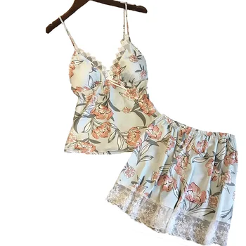 

2019 Spring and Summer Pyjamas Set Female Sexy Sleepwear Ladies Two Piece Set of Thin Lace Silk Stain Nnightwear With Breast Pad