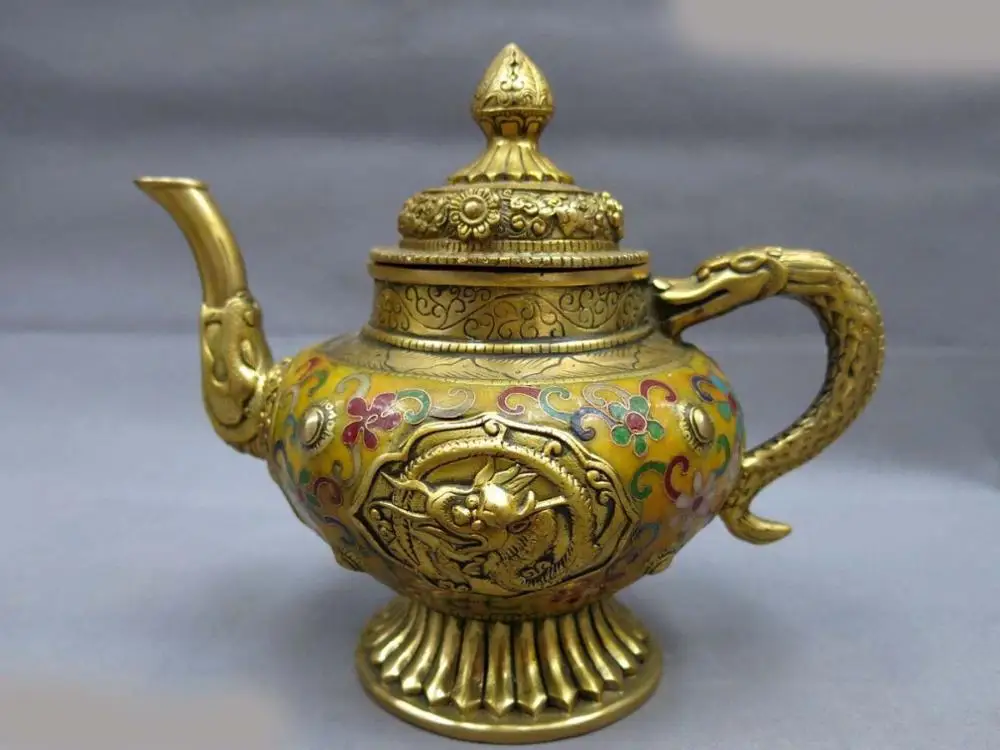 

China bronze gild Cloisonne carved finely yellow dragon Teapot sculpture Statue