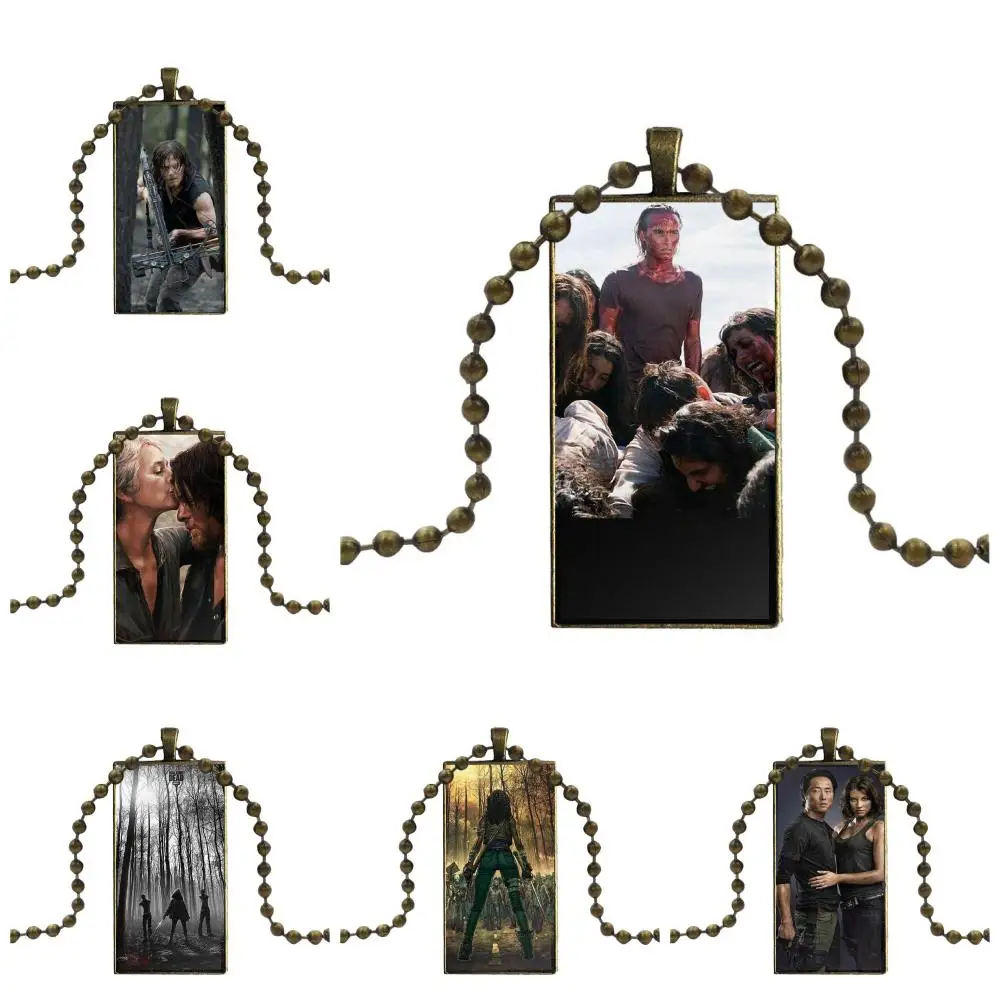 

Walking Dead For Schoolgirl Maxi Vintage Jewelry Bronze Plated With Glass Cabochon Choker Long Pendant Rectangle Necklace