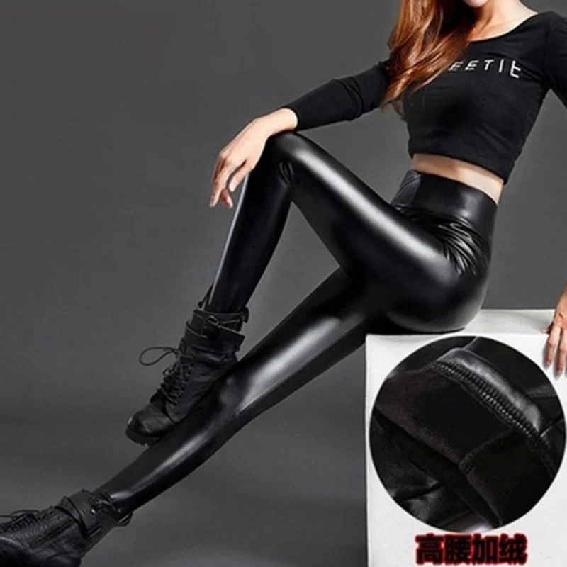 

Plus size fashion women pu leather leggings winter spring autumn velvet thickening high waist pu pants