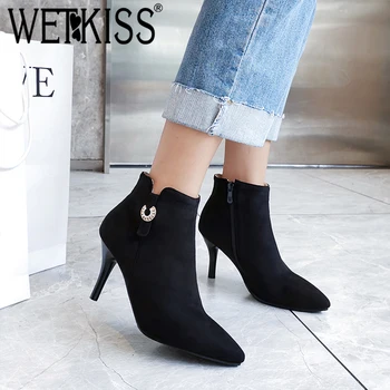 

WETKISS New Metal Decor Women Ankle Boots Black Zip Pointed Toe High Heels Simple Stiletto Heel Shoes Casual Female Bootie
